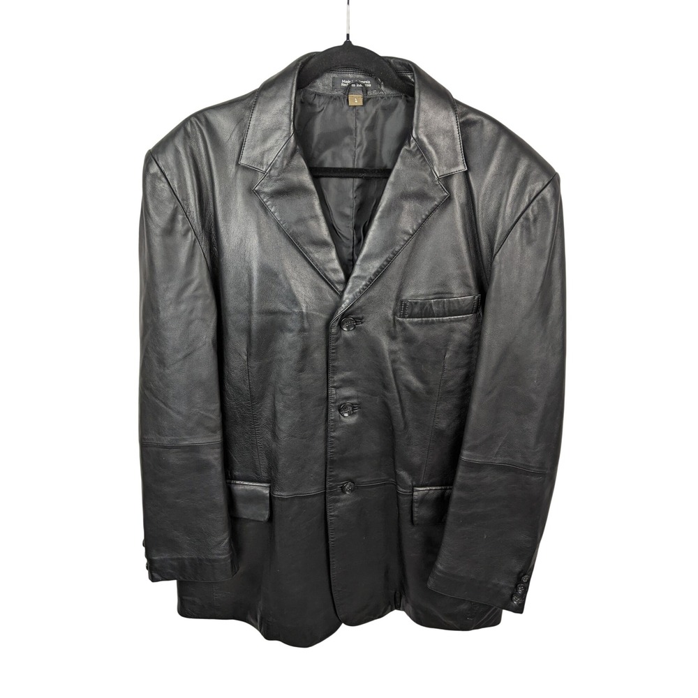 J. Ferrar Mens Black Genuine Leather Blazer Jacket 3-Button Size Large L 73532-4